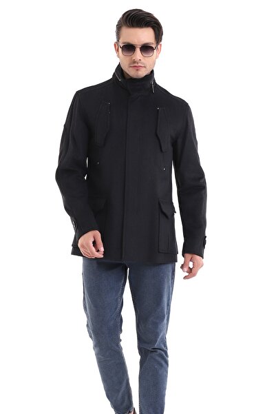 By Karaaslan Erkek Siyah Füme Kısa Kaşe Yün Kaban Italyan Özel Tasarım Fermua...