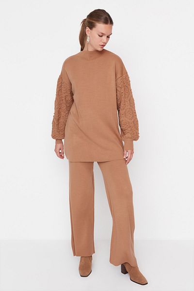 Trendyol Modest Beige Openwork Knitted Sweater-Pants Knitwear Set with Sleeves TCTAW23US00087