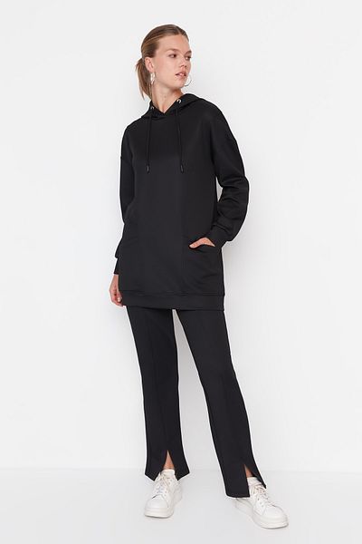 Trendyol Modest Black Hooded Slit Detailed Scuba Sweatshirt-Pants Knitted Set TCTAW23US00139