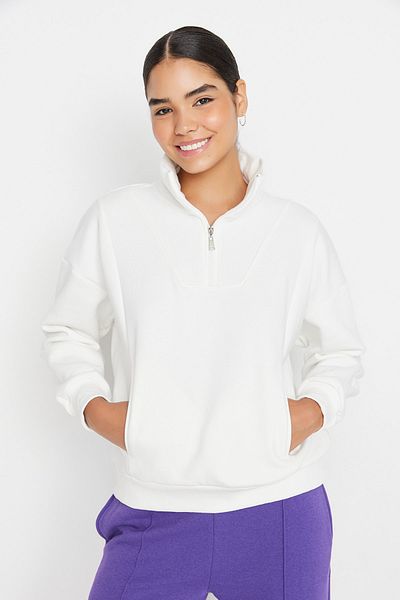 Trendyol Collection Ecru Oversize/Wide Fit Stojací límec na zip Silný fleece uvnitř Pletená mikina TWOAW23SW00708