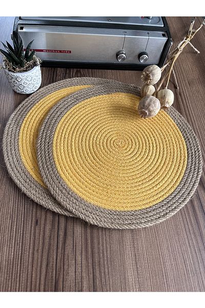 KARNAVAL HOME Volonte Bordered Mustard Yellow Jute American Service 2-Piece محبوك من القش