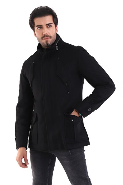 By Karaaslan Erkek Siyah Füme Kısa Kaşe Yün Kaban Italyan Özel Tasarım Fermua...