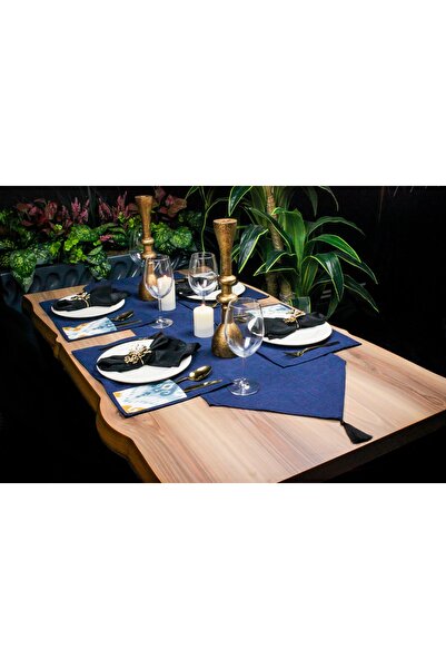 Biz Class Blue Linen Fabric Tasseled Runner & Gold Blue Pattern American Service Set of 4/ Runner-Tablecloth