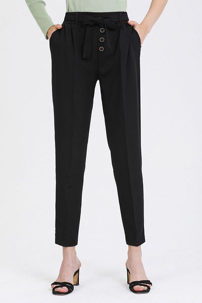 MD trend Women's Black Button Detailed High Waist Belted Fabric Trousers