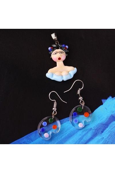 ADAMODART Women's Murano Glass Design Necklace & Earring Set - Blue