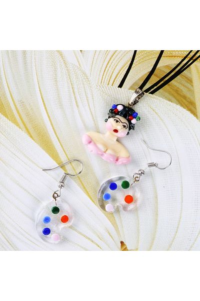 ADAMODART Women's Murano Glass Design Necklace & Earring Set - Pink