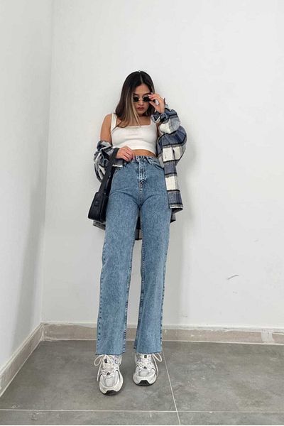 LİMABEL Nice X Dark Blue Snow Wash Loose Palazzo Wideleg Jean Power Lycra Women's High Waist