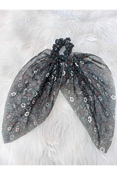 elvin aksesuar Siyah Çiçek Desenli Şifon Fularlı Simit Toka
