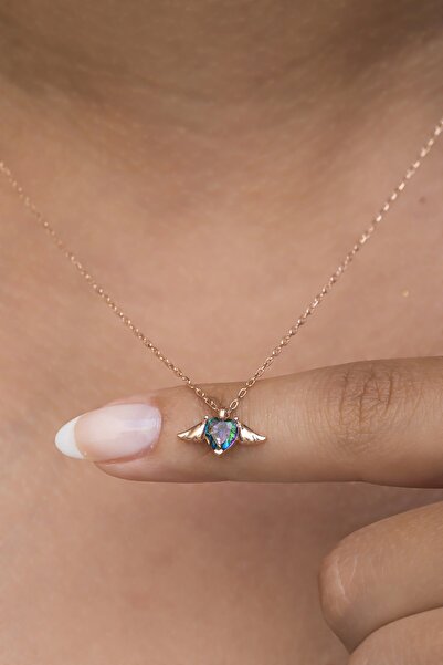 Nereze 925 Ayar Gümüş Mistik Topaz Taşlı Uçuşan Kalp Kolye