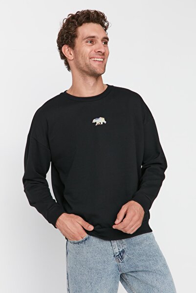 Trendyol Collection Černá fleecová mikina se zvířecími výšivkami – oversize, teplá TMNAW23sw00191