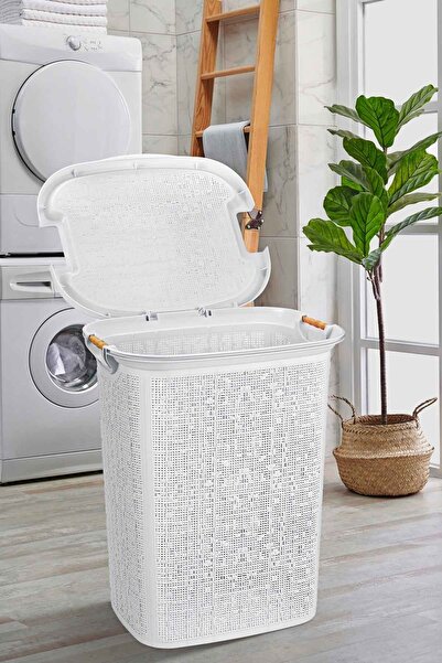 Tuffex Woow Desen Ahşap Kulplu Antistatik Kirli Çamaşır Sepeti 60 LT - Beyaz