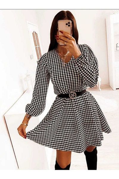 Secret Passion Lingerie Βραδινό φόρεμα Houndstooth Print με μακριά μανίκια και ζώνη - 581531   Emr-109