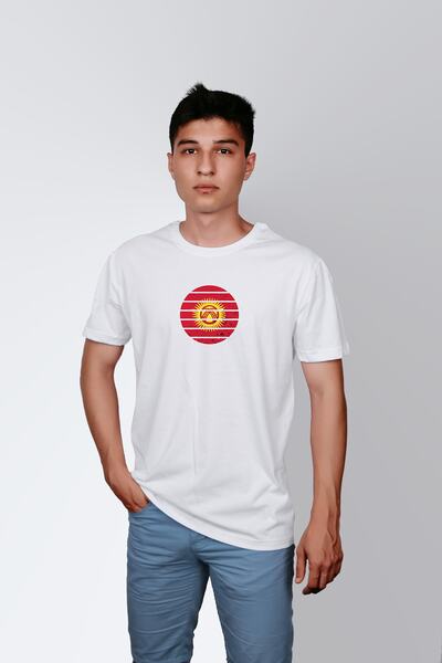 ErTaPassage Bela muška majica T-shirt - Štampa sa zastavom Kirgistan, T1028629