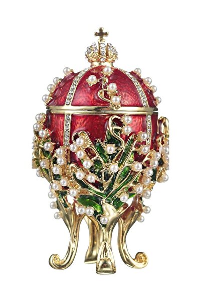 Dünyadan Hediyeler Faberge Yumurta Taşlı Lüks Mücevher Kutusu Kırmızı 8 Cm
