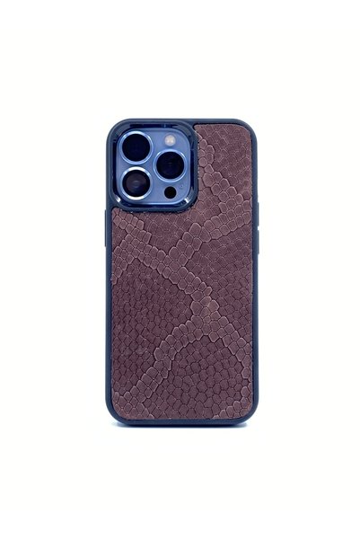 MAT Deri iPhone 13 Pro Phone Case Brown Genuine Leather Snake Pattern Silicone Edged Case