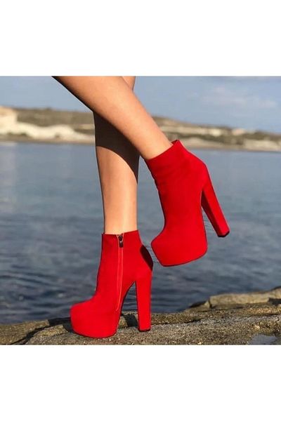 Afilli حذاء نسائي من جلد الغزال الأحمر Nubuck ذو كعب عالٍ سميك نصف جزمة نصف جزمة