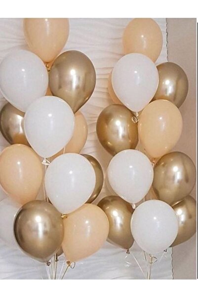 BEST PARTİ Pastel Skin White And Chrome Gold Balloon And Balloon Chain 30 Pieces + Raffia Ribbon