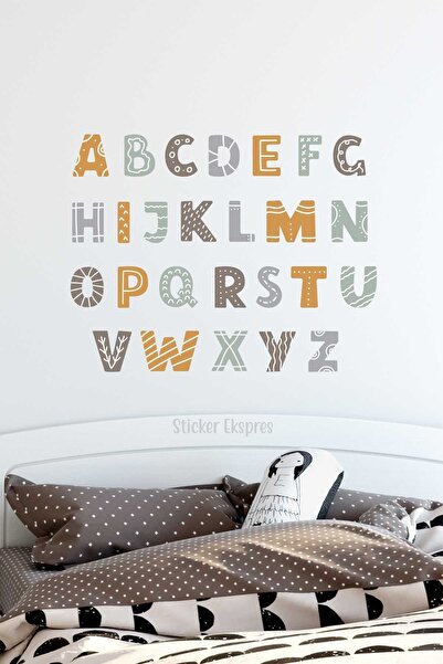 Sticker Ekspres Desenli Ingilizce Alfabe Çocuk Odası Anaokulu Kreş Duvar Stic...