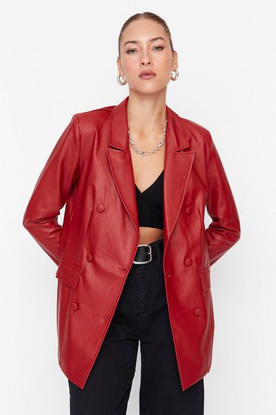 Trendyol Collection Weinroter, zweireihiger, gefütterter, gewebter Blazer aus Kunstleder mit Verschluss TWOAW21CE0156