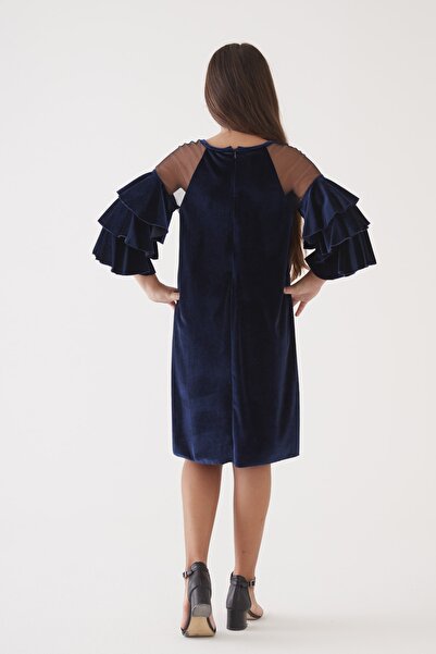 Kıvanç Çocuk Kız Çocuk Kolları 3 Katlı Kadife Kışlık Mevsimlik Abiye Elbise