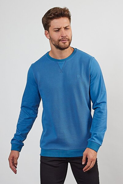 ENQUE Мъжки удобен зимен син суичър с кръгло деколте