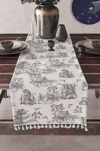 LUX VIE Runner Vintage μοτίβο σε λευκό φόντο Ψηφιακή εκτύπωση με φούντα λινό υφαντό Runner