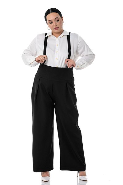 DISENTIS MODEST Large Size Gipe Detailed Black Strap Pants - Pleated and Elastic Back