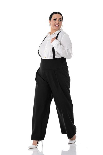 DISENTIS MODEST Large Size Gipe Detailed Black Strap Pants - Pleated and Elastic Back