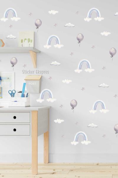 Sticker Ekspres Pastel Mavi Gökkuşağı Gri Balon Bulut Çocuk Odası Duvar Stick...