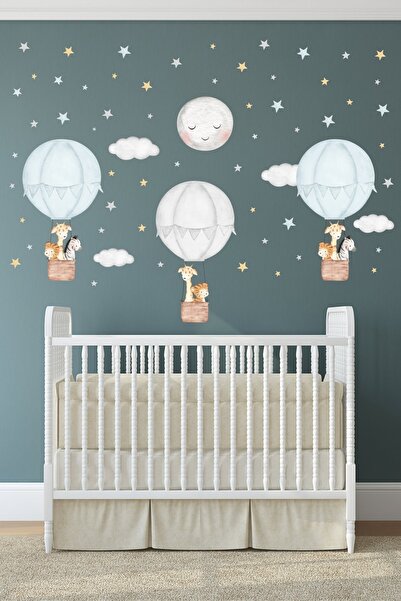 Sticker Ekspres Sevimli Hayvanlı Mavi Gri Uçan Balonlar Çocuk Odası Duvar Sti...