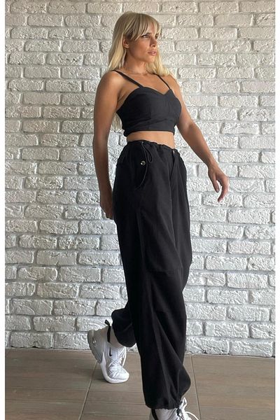 Gofeel Unisex Black Tactical Baggy Loose Fit Waist Elastic Oversize Trousers with Elastic Legs