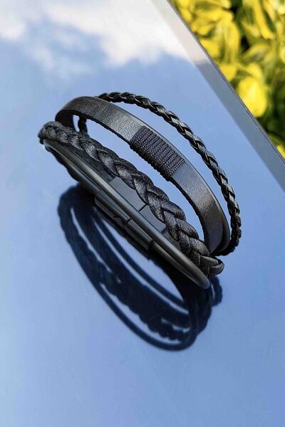 TREND COLLECTİON سوار من الجلد الطبيعي، صف من 4 سوار من الجلد الأسود للرجال