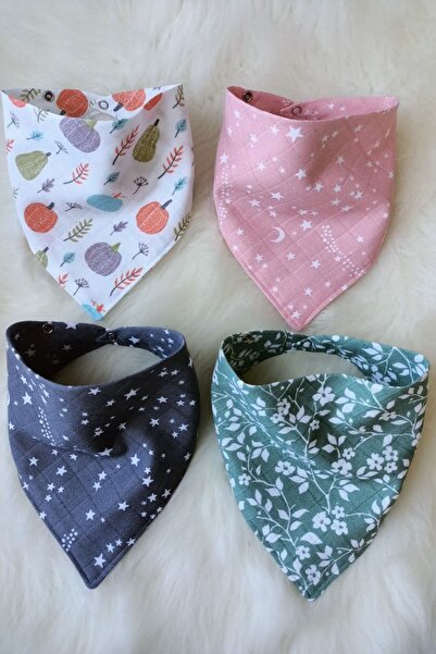 100% Organic Cotton Double Layer Two Snaps Muslin Baby Scarf & Saliva Bib 4pcs