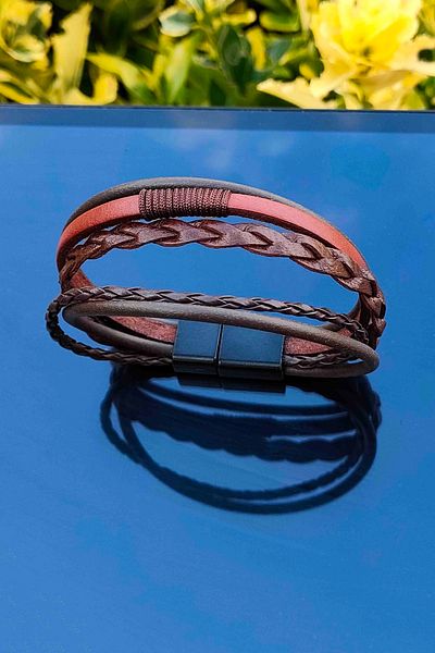 TREND COLLECTİON Magnet Closure 5-Piece Braided Model Brown Men's Genuine Leather Bracelet