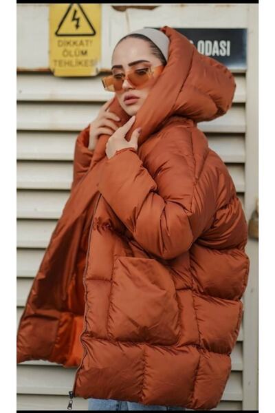Dnz Women's Oversize Hooded Brown Puffer Jacket - Hijab Design