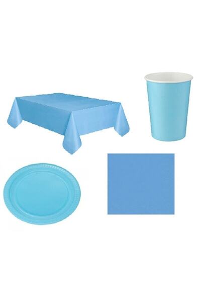 DÜVENCİ TİCARET Mavi Masa Örtüsü Bardak Tabak Peçete Seti 16 Kişilik