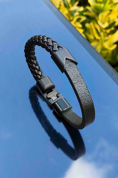 TREND COLLECTİON Magnet Closure Double Model Men's Black Genuine Leather Bracelet