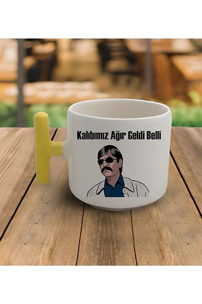 RHG Art Double Turkish Coffee Cup & Latte Kurtlar Vadisi Machete Mold is Heavy Yellow Handle Mug 200 Ml
