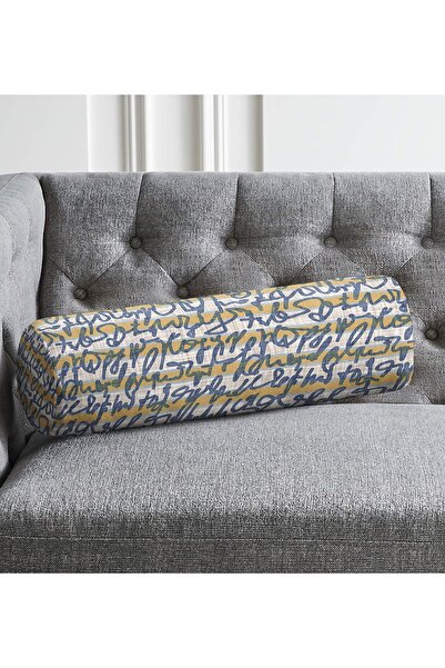 Realhomes Gri Zemin Üzerinde Lacivert Yazı Motifli Iç Dolgulu Süet Silindir Y...