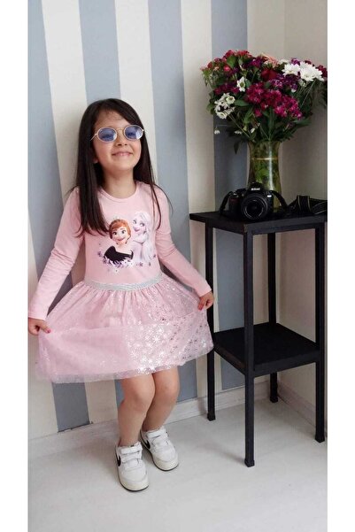 Kids Nilche Elsa Frozen Uzun Kollu Kız Çocuk Elbise