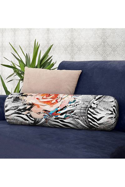 Realhomes Zebra Pattern Floor Flower Motif Special Design Modern Inner Filled Zippered Multi-Purpose Cylinder Pillow