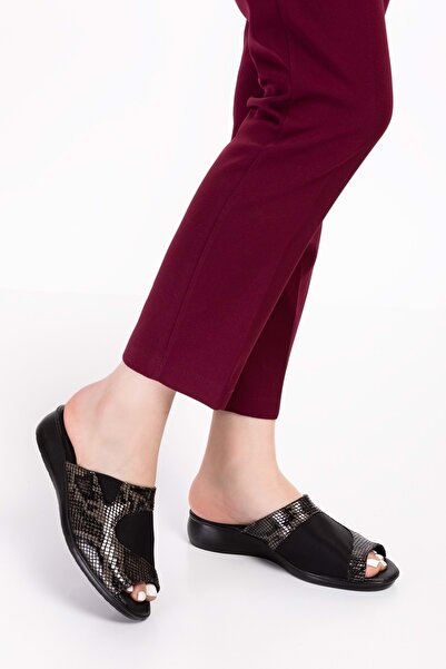 Gondol Hakiki Deri Kemik Çıkıntısına Özel Rahat Terlik Özl.555 - Siyah Yılan - 37