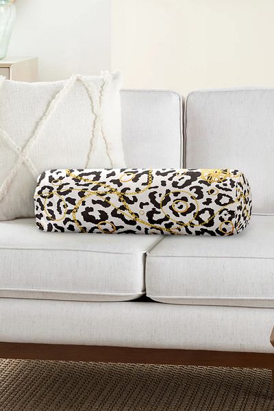 Realhomes Zebra Patterned Gold Detailed Modern Inner Filled - Zippered Suede Cylinder Circle Pillow Throw Pillow