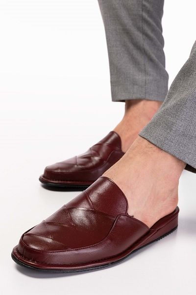 Gondol Men's Genuine Leather Groom's House Slippers Kayaş.105 - Claret Red - 40