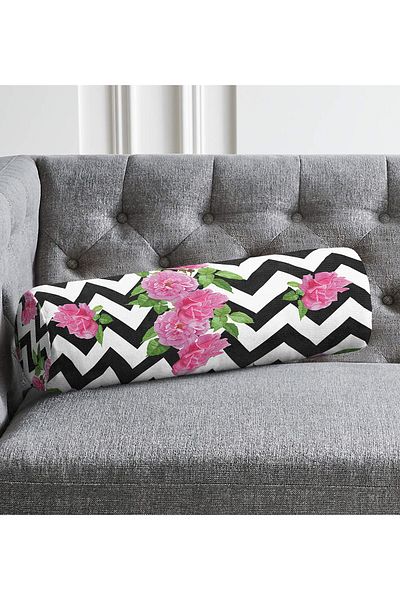 Realhomes Zigzag Zebra Themed Rose Motif Modern Inner Filled Soft Cylinder Form Pillow Throw Pillow