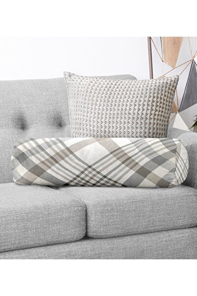 Realhomes Gri Krem Ekose Desenli Modern Iç Dolgulu - Fermuarlı Süet Berjer Si...