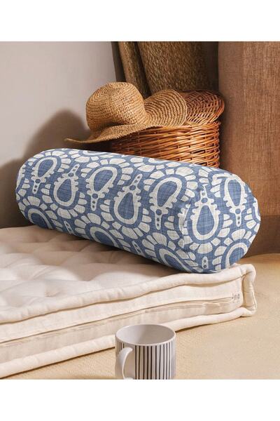 Realhomes Abstract Drawings on Navy Blue Denim Floor Suede Cylinder Pillow wi...