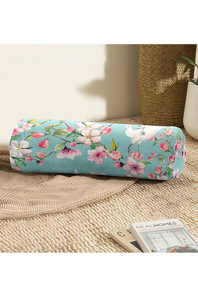 Realhomes Ebabil Birds Motif Modern Padded - Μαξιλάρι ριχτάρι κυλίνδρου σουέτ με φερμουάρ