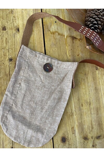 Bohemian Linen Beach Bag with Tan Color Leather Strap