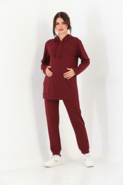 Miss Dünya Lissa Claret Red Maternity and Maternity Hooded Sweatshirt Tracksuit Set
